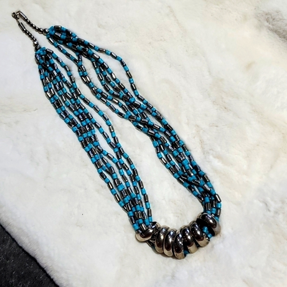 VINTAGE CHUNKY NATIVE AMERICAN INDIAN TRIBAL MULTISTRAND NECKLACE WITH RINGS